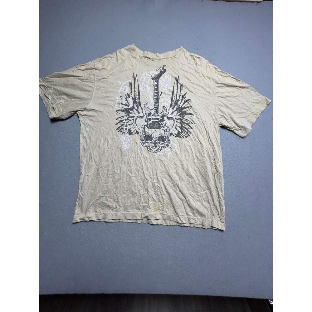 No Boundaries T Shirt 100% Organic Cotton Tan Skull Guitar Winged L Mens